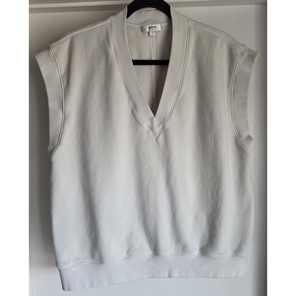 AGOLDE Vest Women S White Fleece Sleeveless V-Neck Solid Casual Minimalist